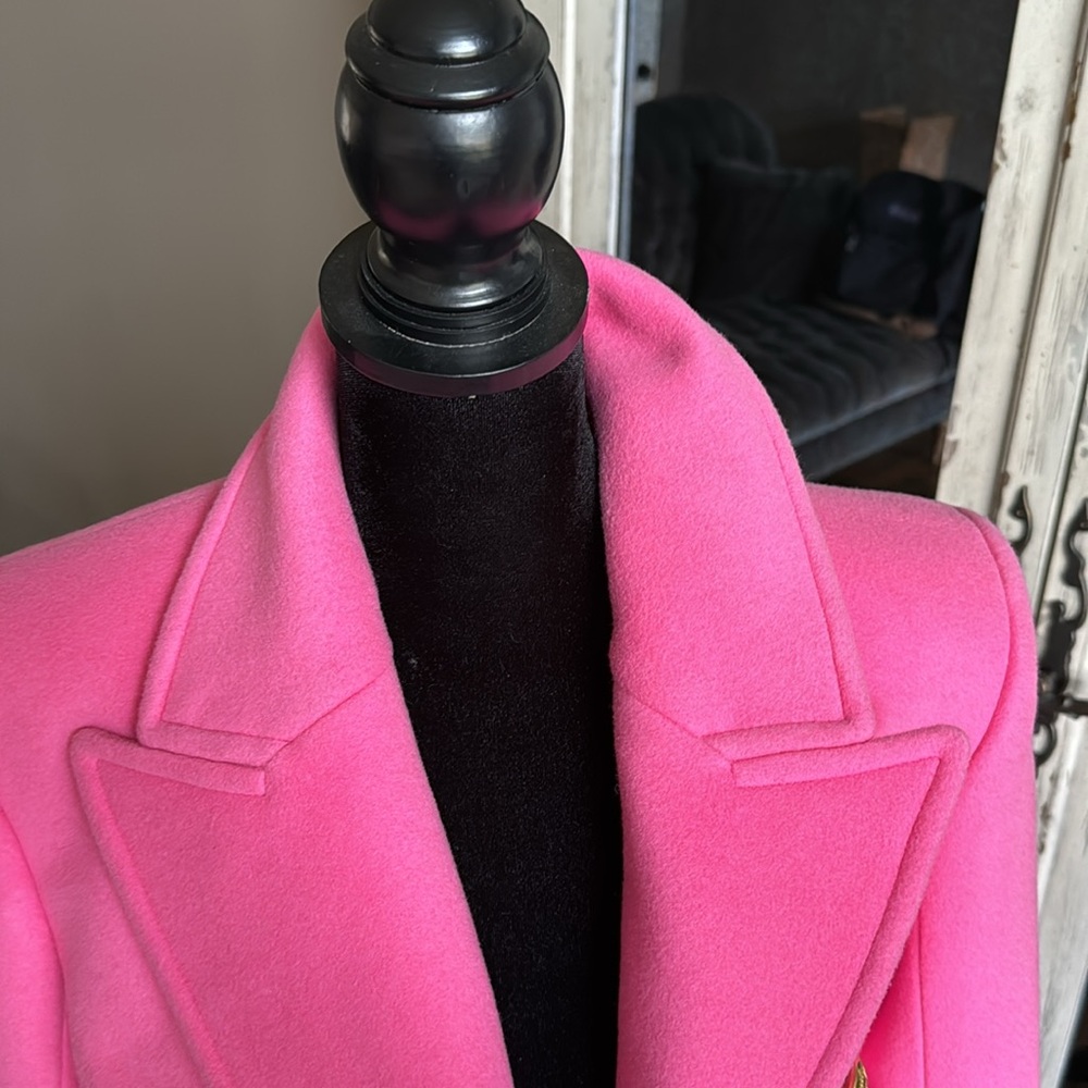 Balmain pink Barbie coat overcoat double breasted blazer gold button sz 38 $3695 - Picture 12 of 12